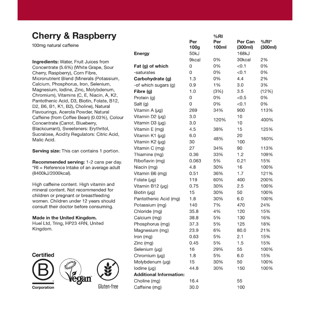 Cherry and Raspberry Huel A-Z Vitamin Drinks - Nutritional Table and Ingredients 