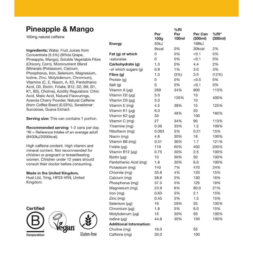 Huel Pineapple and Mango Vitamin and Energy Drink Nutritional Facts