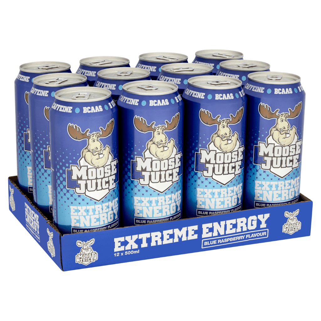 Moose Juice Blue Raspberry Energy Drinks - Box of 12 cans - Protein Package