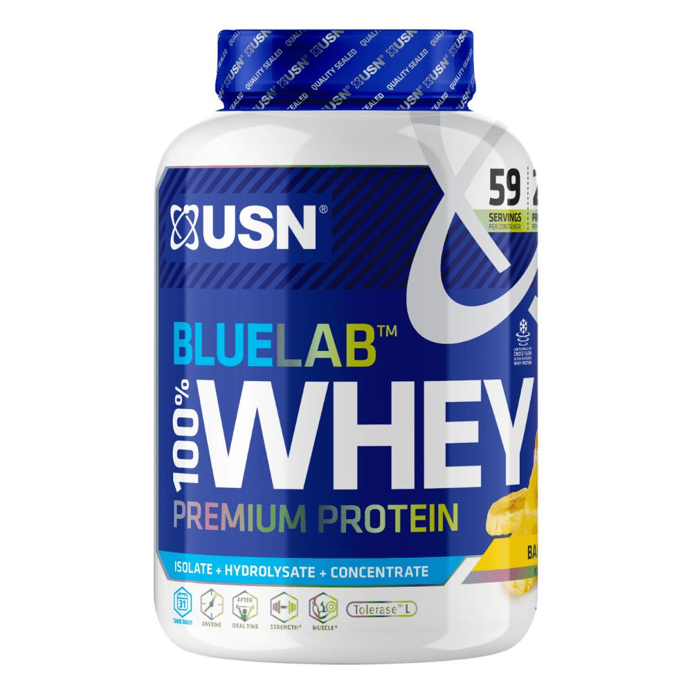 Banana Flavoured 2kg Tub of USN BlueLab Whey Protein Powder - Protein Package UK