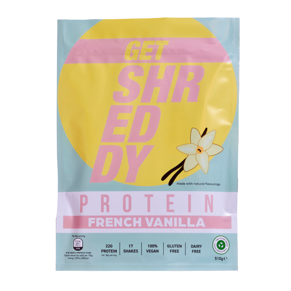 Shreddy French Vanilla Flavoured Vegan Protein Powder - Front of pack - 510g = 17 servings