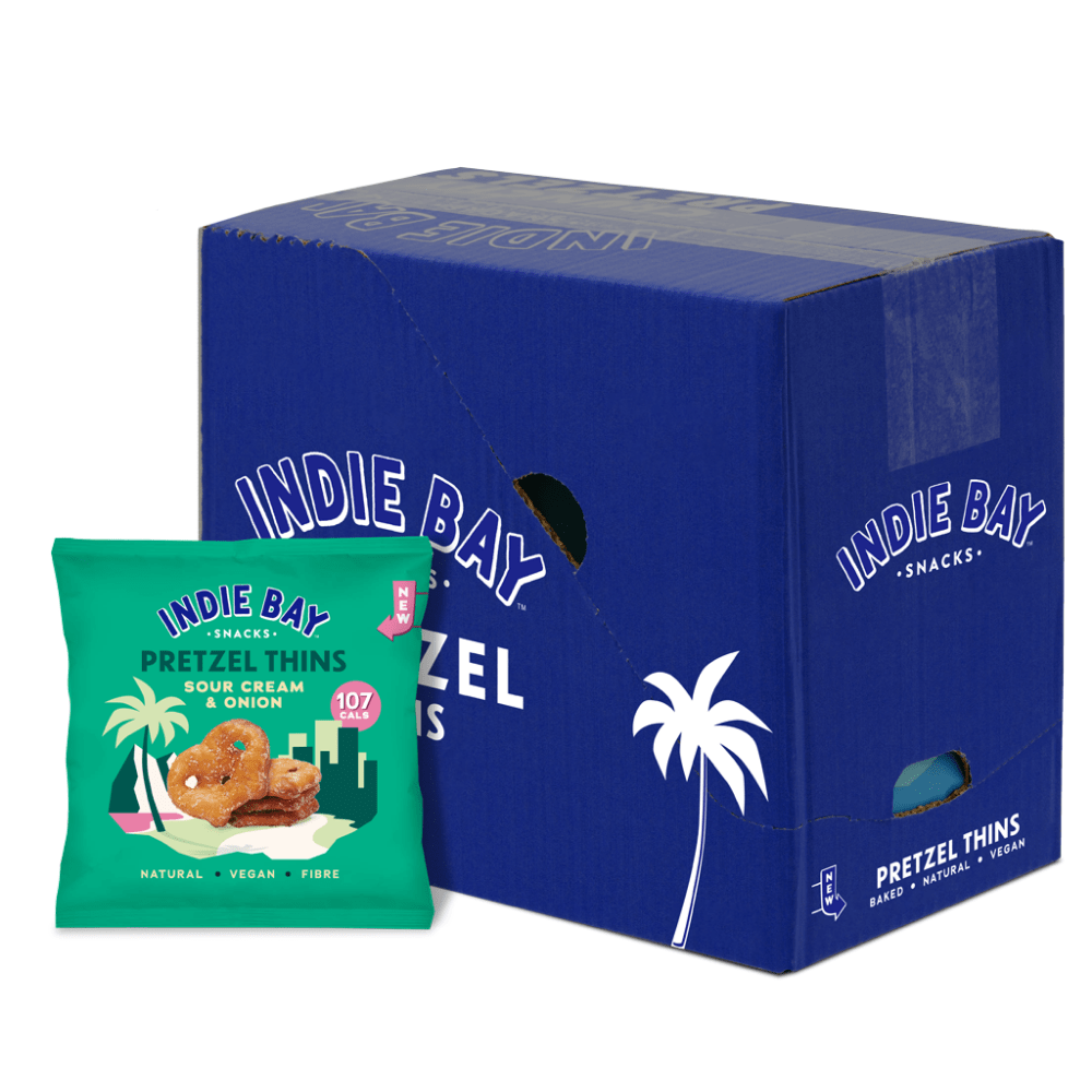 Boxes of x10 Sour Cream Onion Indie Bay Snacks High Protein Low Calorie Pretzel Thins