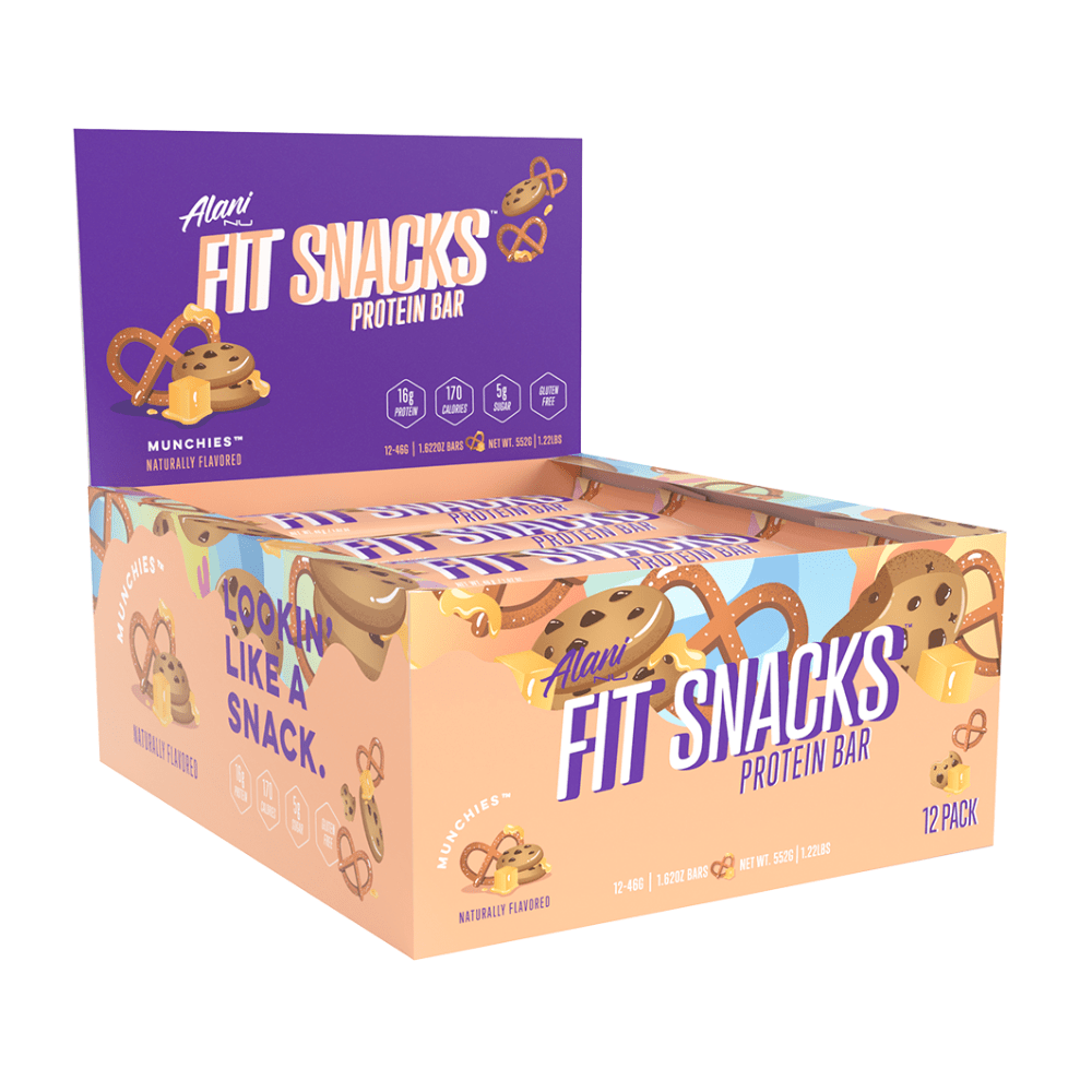 Munchies Fit Snacks Alani Nu Protein Bars UK - 12x46g Packs - Pretzel, Caramel, Cookie Dough + More