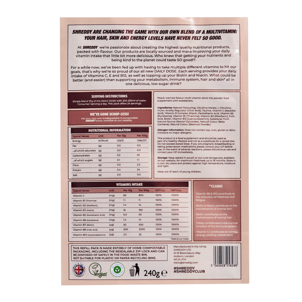 Nutritional Data and Vitamin Complex - Shreddy Supplements by Grace Beverley Peach Iced Tea - Vitamin C, B3, B12, B9
