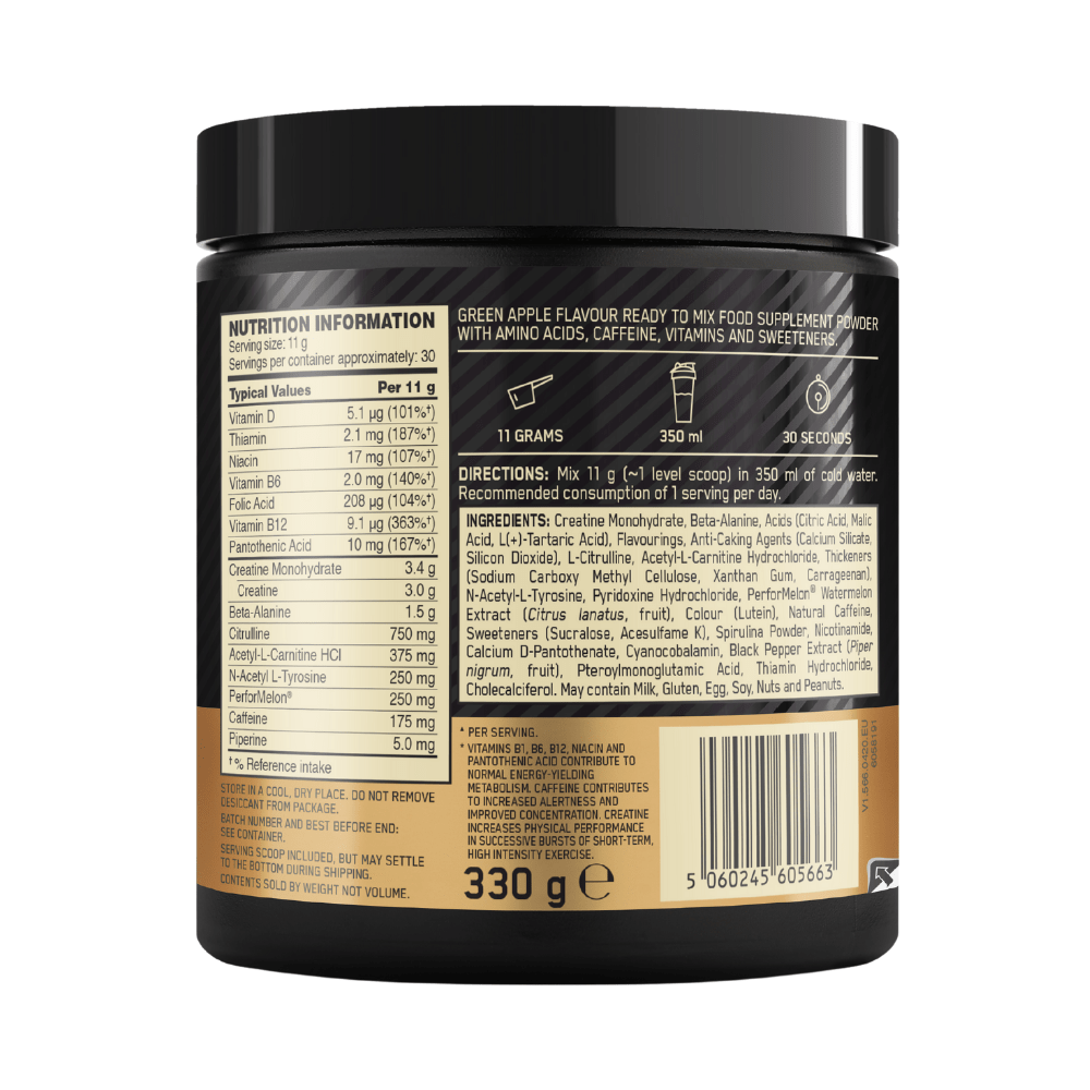 Back Of Optimum's Green Apple Pre-Workout Supplement Drinks - 30 Servings
