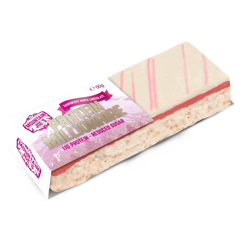 Mountain Joes Raspberry White Chocolate Millionaire Reduced Sugar Protein Bars - 50-Grams UK - Protein Package