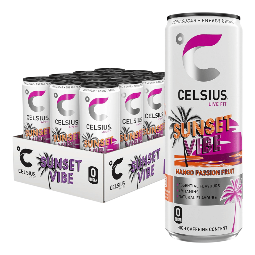 Celcius Sunset Vibe (Mango Passionfruit Flavoured) Zero Sugar Energy Drinks - 12x355ml