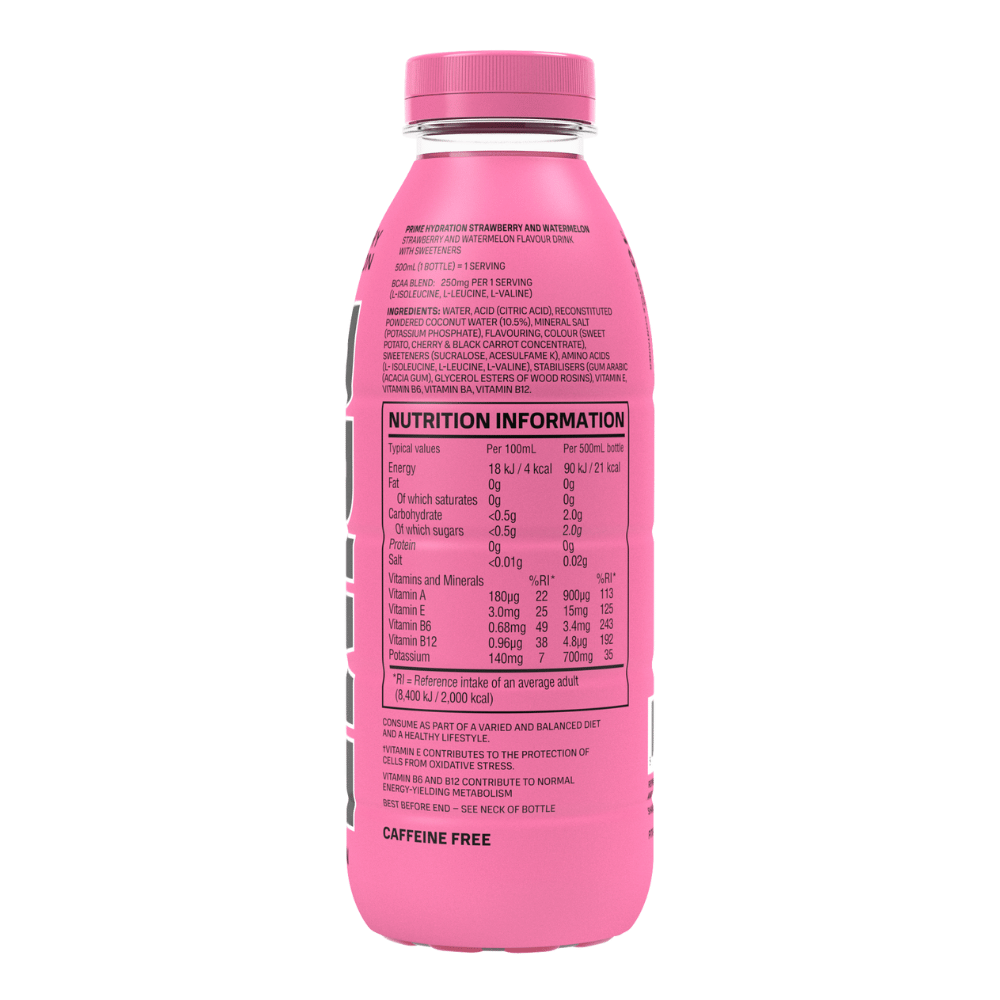 Prime Hydration Strawberry Watermelon Caffeine-Free Drinks - Back of the 500ml Bottle