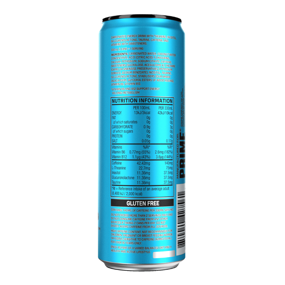 Back of the can - nutritionals and ingredients - Blue Raspberry Prime Cans