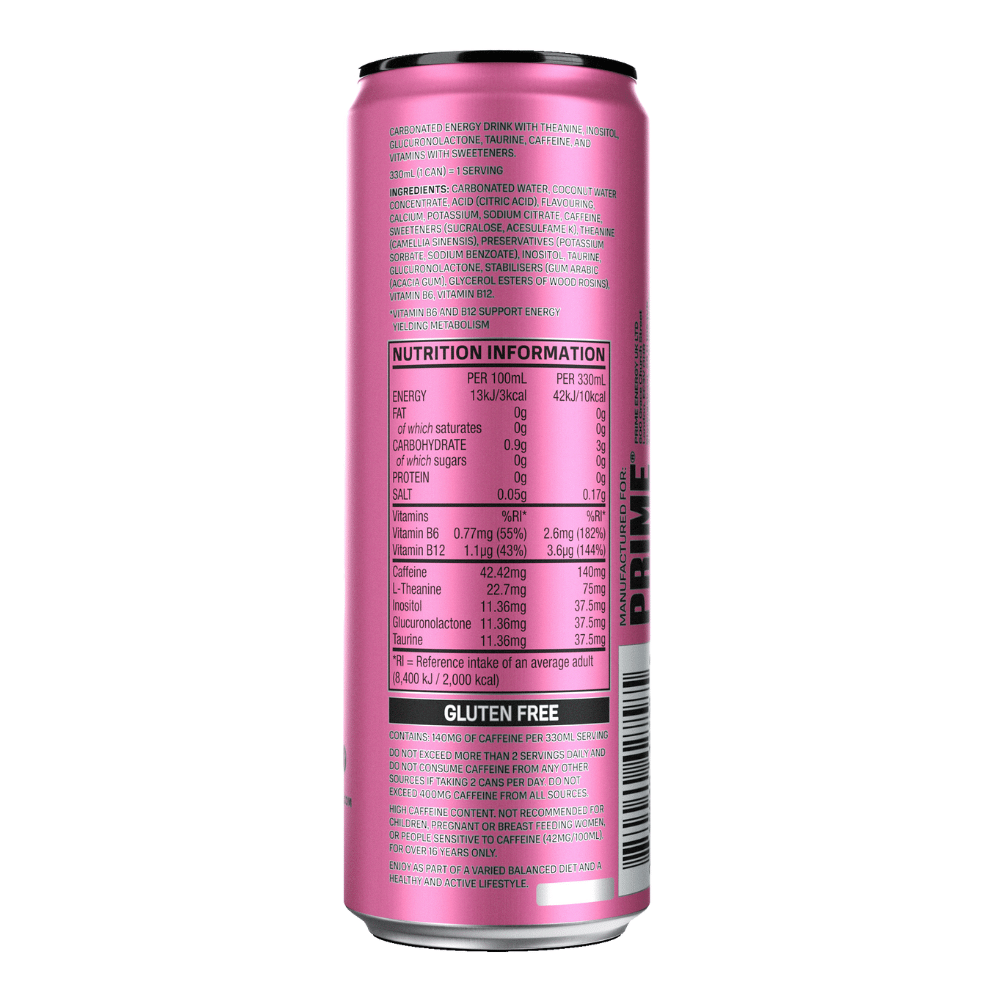 Back of the Prime Energy Drink Strawberry Watermelon Flavour - Single 330ml Can