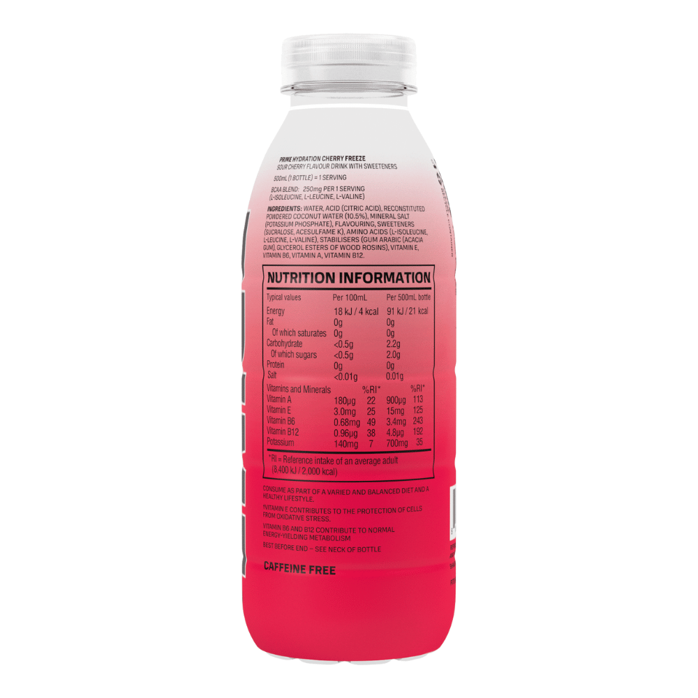 Back of the Prime Cherry Freeze Hydration Drinks Bottles