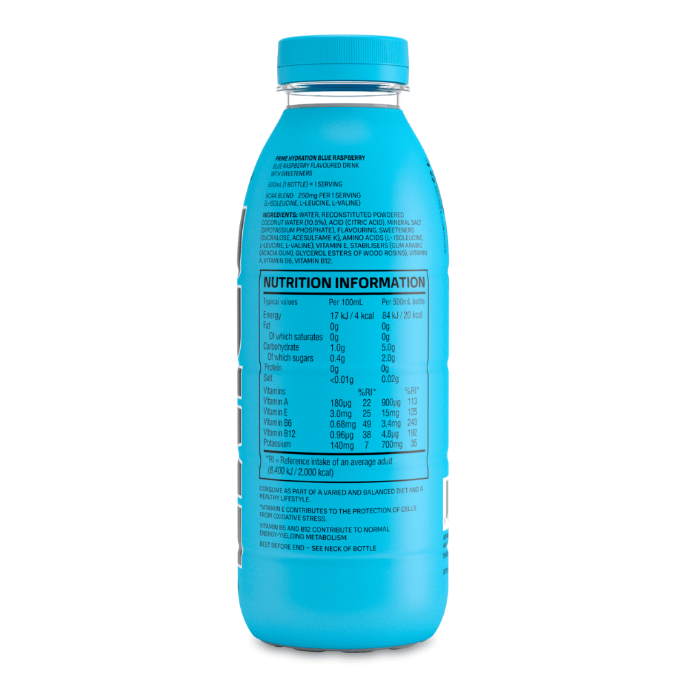 Prime Hydration by KSI and Logan Paul - Back of the Blue Raspberry Bottles