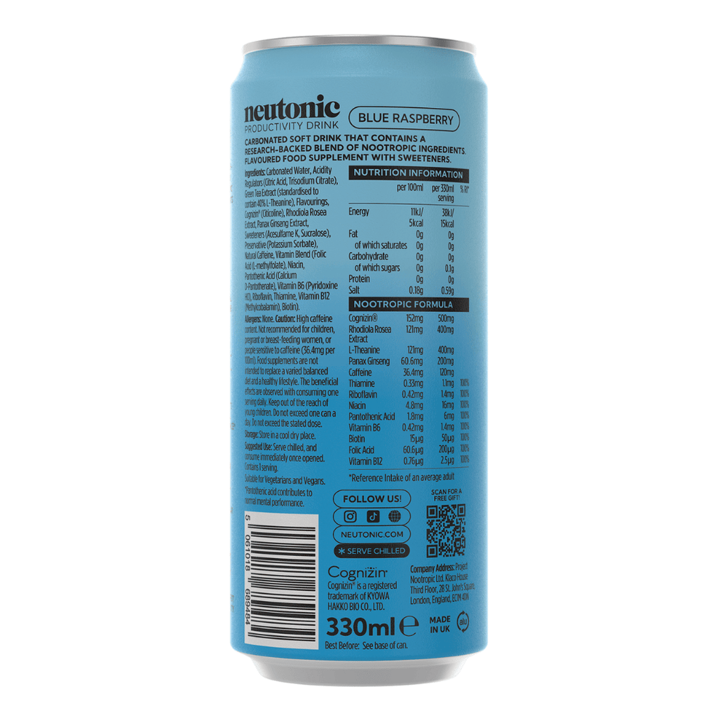 Neutonic Blue Raspberry drink can with nutritional information
