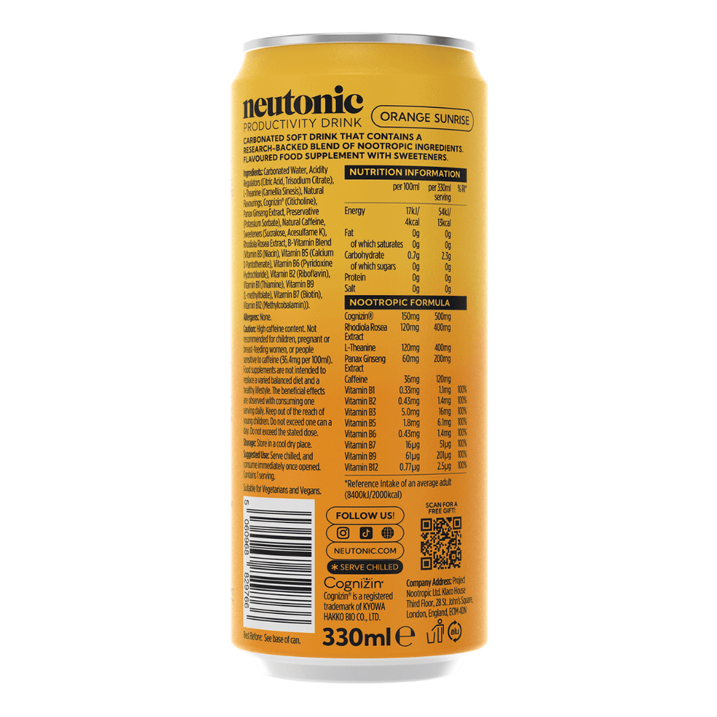 Neutonic productivity drink can with nutritional information and ingredients
