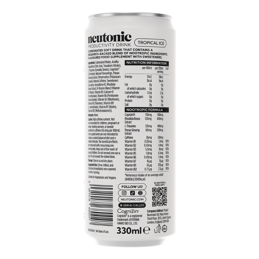 Neutonic Nootropic Tropical Ice productivity drink can with nutritional information and ingredients list