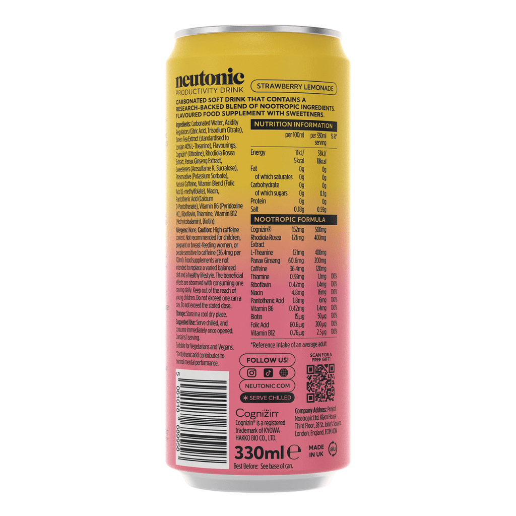 Neutonic Strawberry Lemonade Nootropic Energy Drinks Ingredients list and nutritional information
