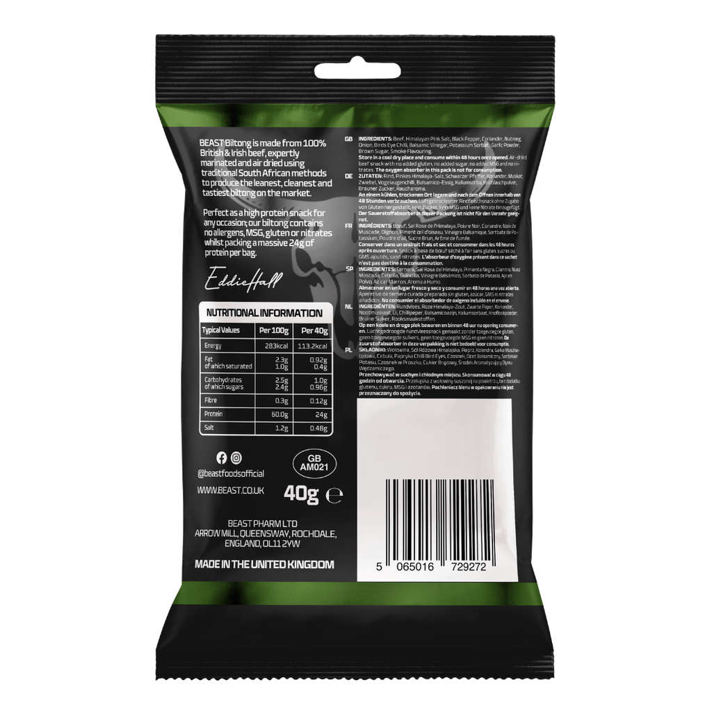 Nutritional information on the Beast Protein Beef Biltong Garlic and Herb Flavour 40g Pack