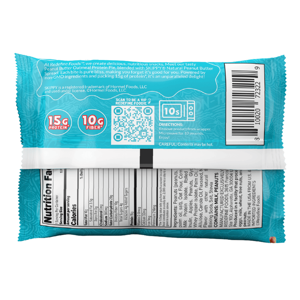 Back view of a Redefine Foods Protein Oatmeal Pie Peanut Butter packaging with nutritional information