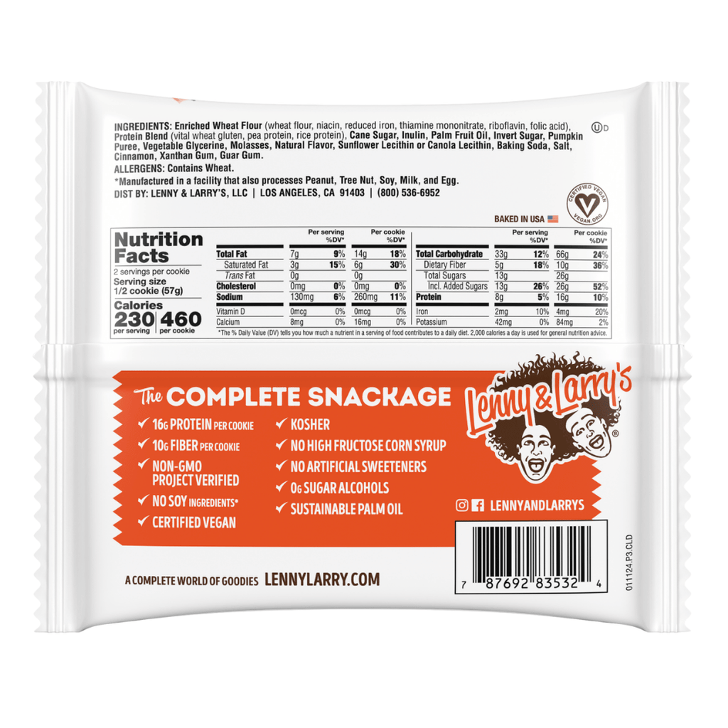 Back of the pack - Lenny and larrys pumpkin protien cookie - nutritional information and ingredients