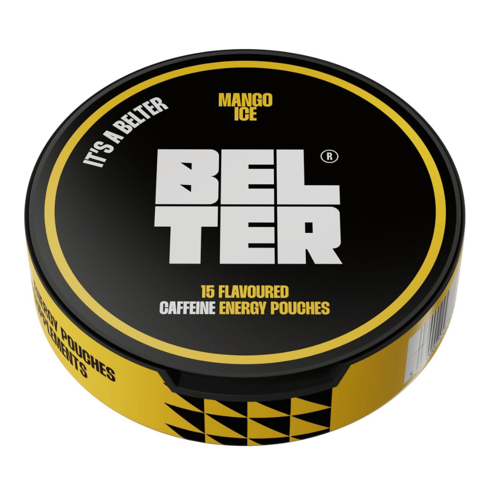 Side view of the Belter Caffeine Mango Ice Energy Gum Pouches