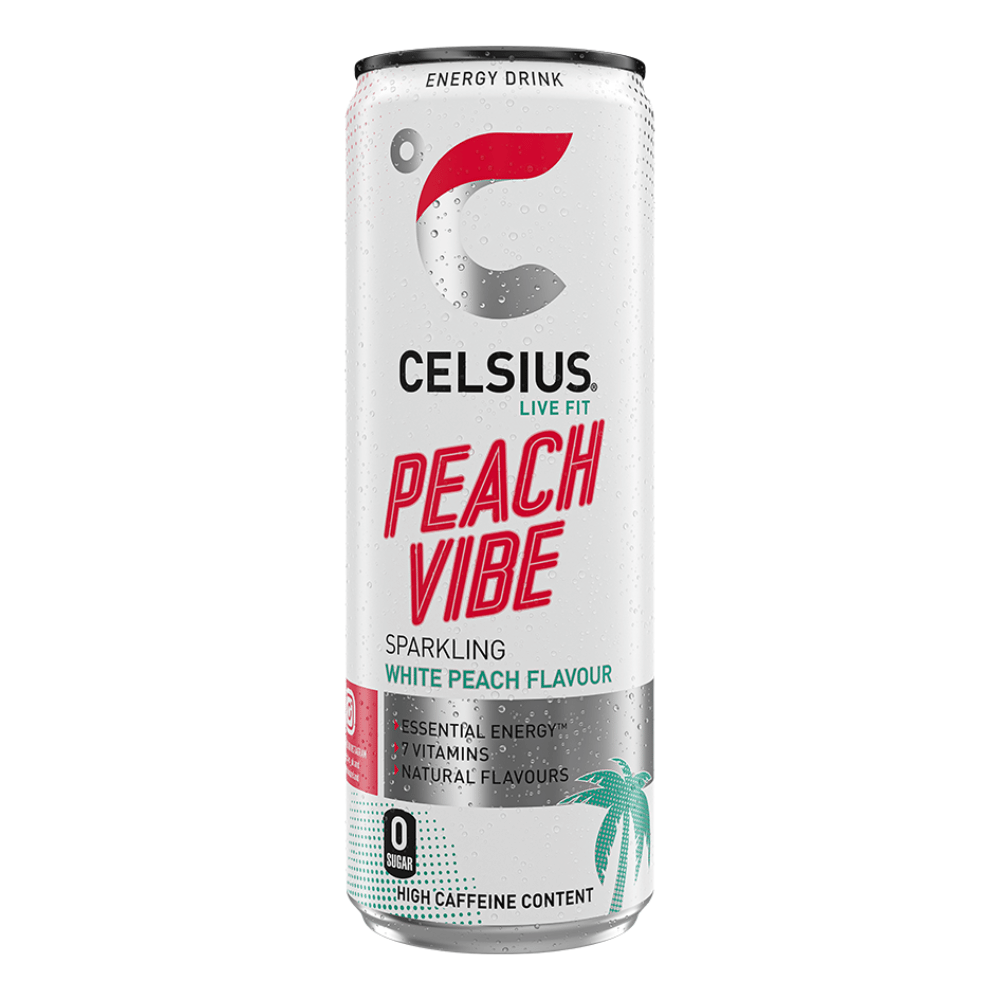 Celcius Peach Vibe Energy Drinks - White Peach Flavour - Single 355ml Cans