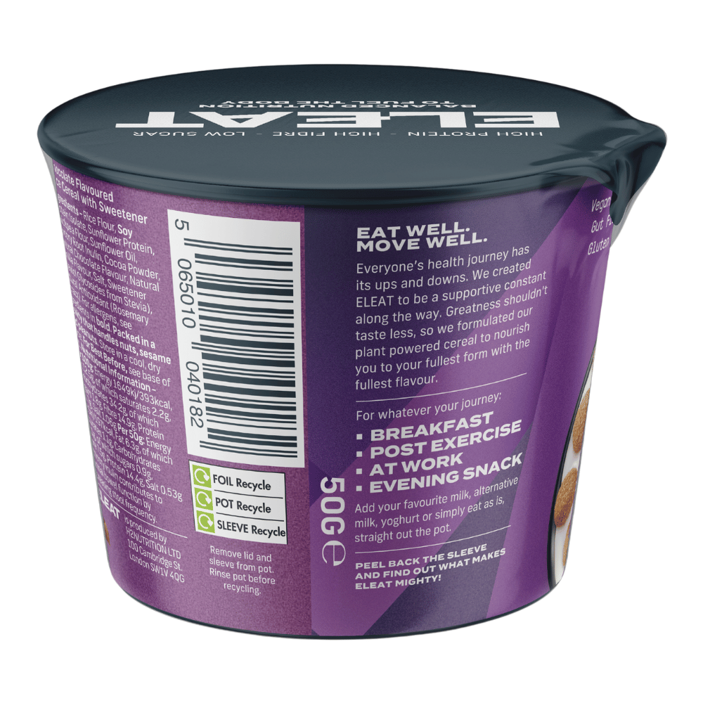 Back of the Chocolate Eleat Protein Cereal Pots