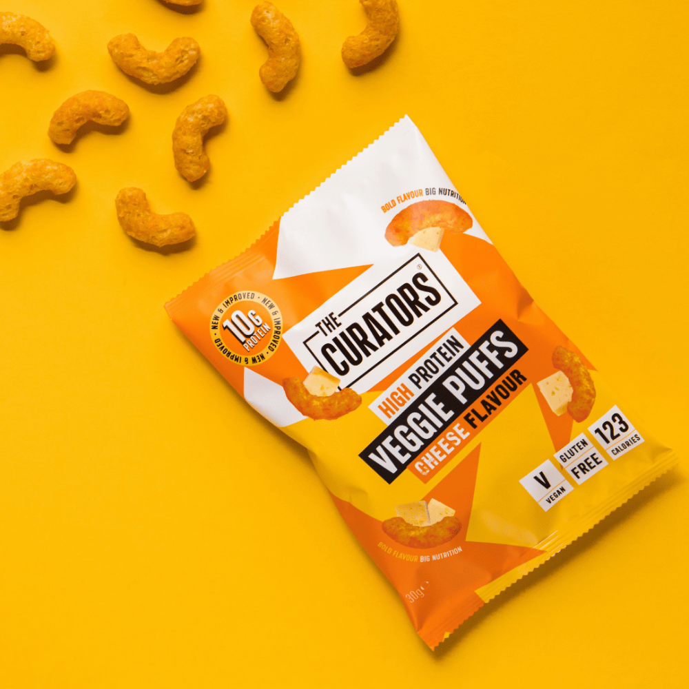The Curators Veggie Puffs Cheese Flavour - Protein Package - Open Bags