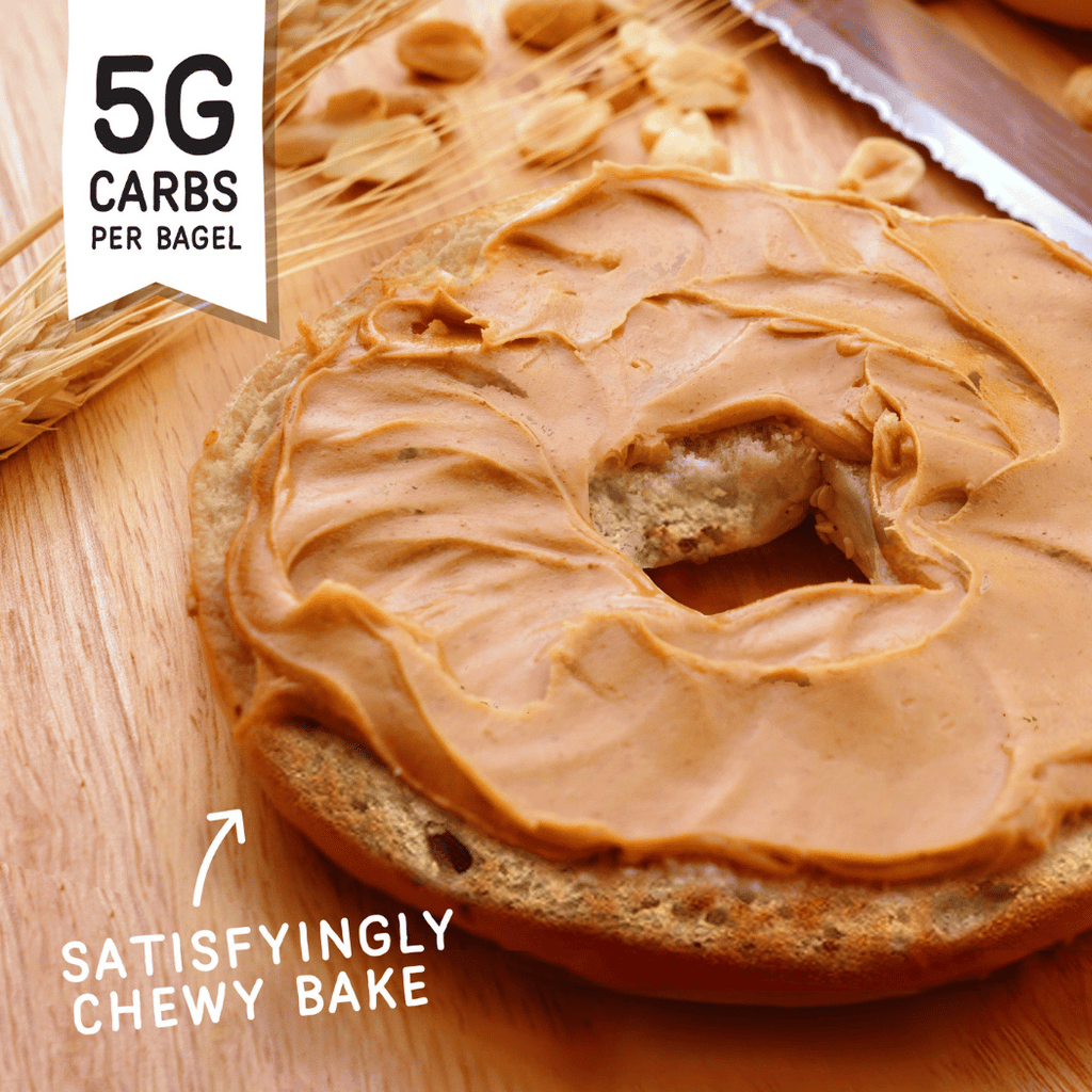 Fitbakes Protein Bagels with peanut butter topping