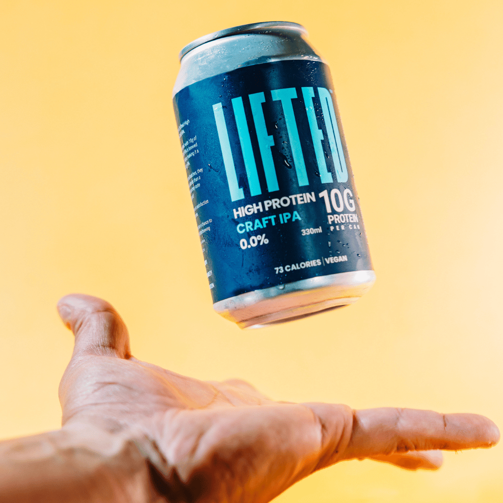 Floating can of High Protein Lifted Craft IPA - Alcohol Free IPA