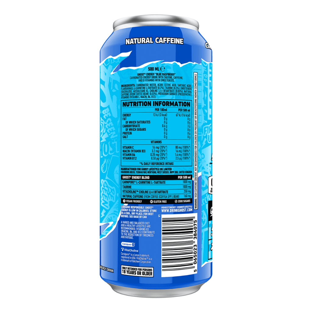 Back of the Can - Blue Raspberry Ghost Energy Drinks - Single 500ml Can