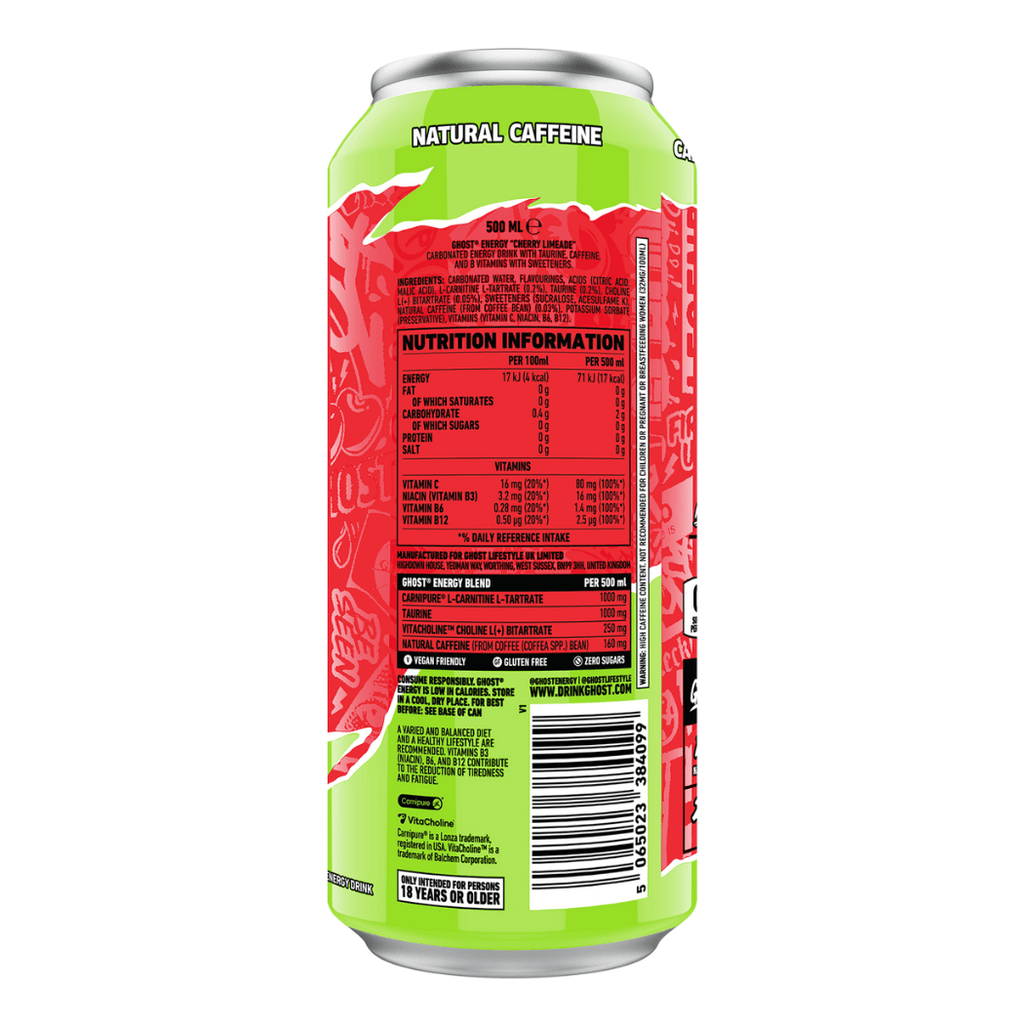 Back of the Can - Cherry Limeade Ghost Energy Drinks - Single 500ml Can - Nutritional Information