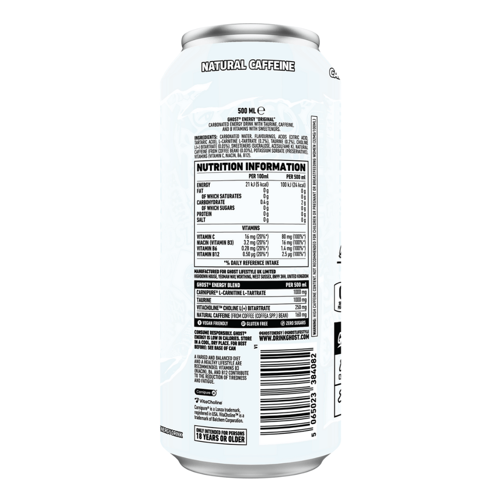 Back of the Can - Ghost Energy Drink Original OG Flavour - Single 500ml Can - Nutritional Information