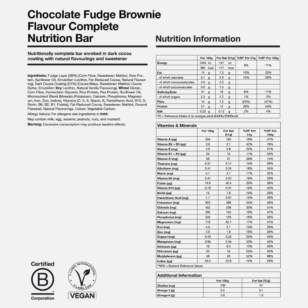 Nutritional Information - Huel Chocolate Fudge Brownie Complete Protein Bars