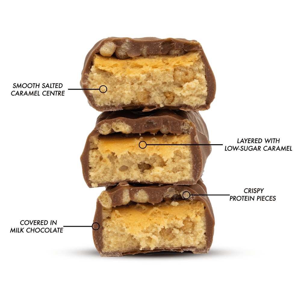 Inside the PER4M Salted Caramel Protein Bar with key nutritional facts