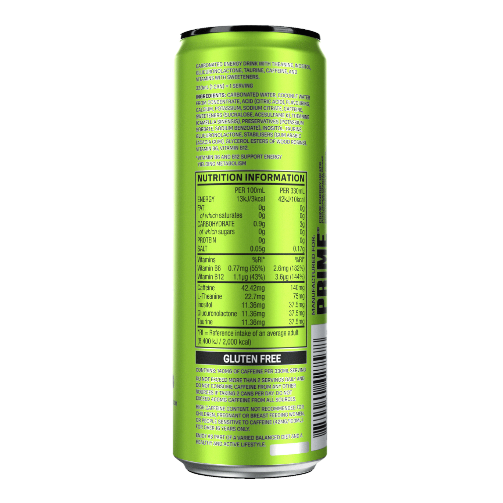 Back of the Prime Lemon Lime Zero Sugar Energy Drinks - UK Cans