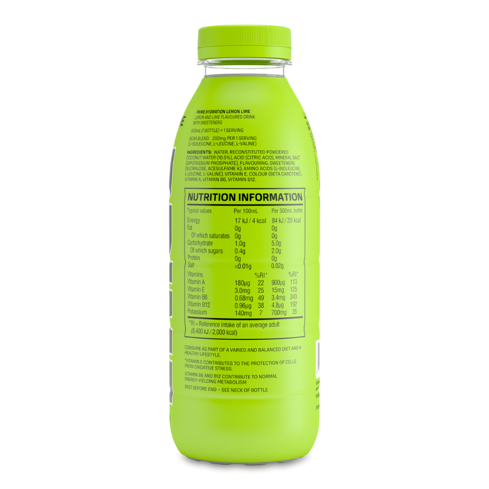 Back of the bottle - Prime Lemon and Lime Hydration Drinks UK - Protein Package