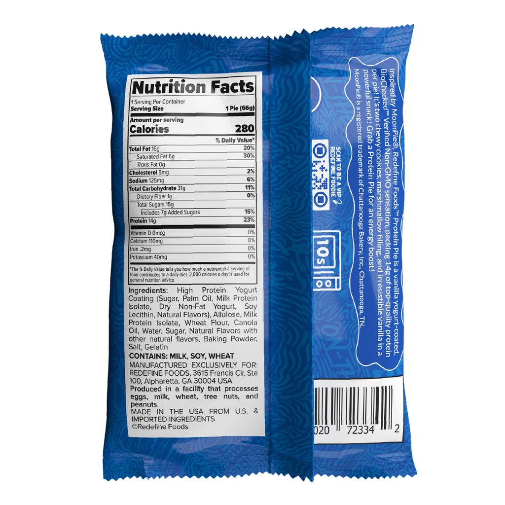 Redefine Vanilla Protein MoonPie Protein Pie Nutritional Data - Back of Pack