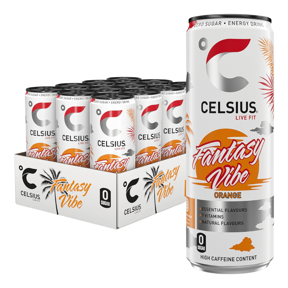 12 Pack of Fantasy Vibe (Orange) Flavoured Celcius Energy Drinks