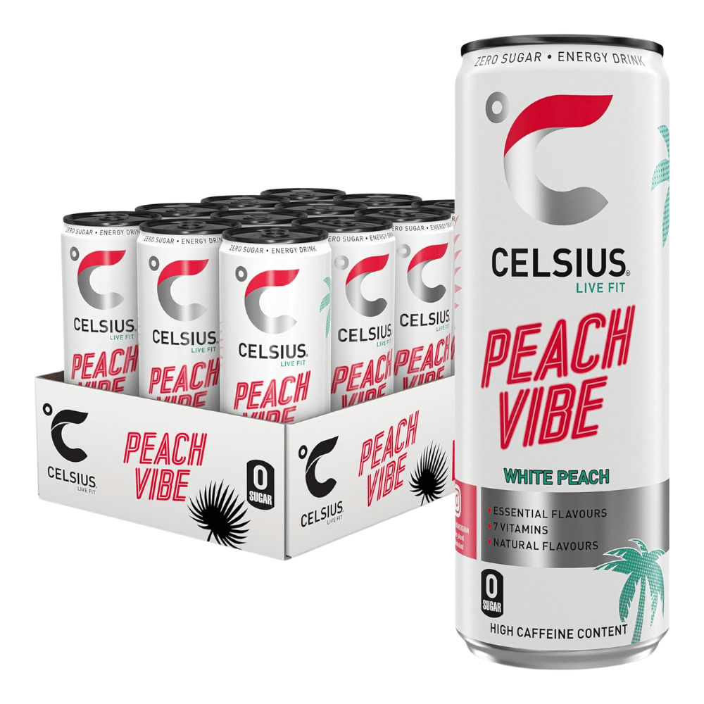 Celcius Peach Vibe Zero Sugar Energy Drinks - 12x355ml Cans 