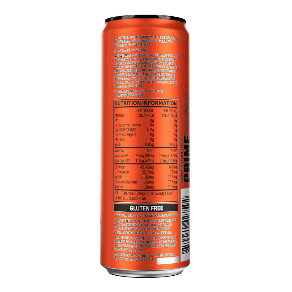Nutritional Information and Ingredients in the Prime Energy Drink Cans - Back of Can