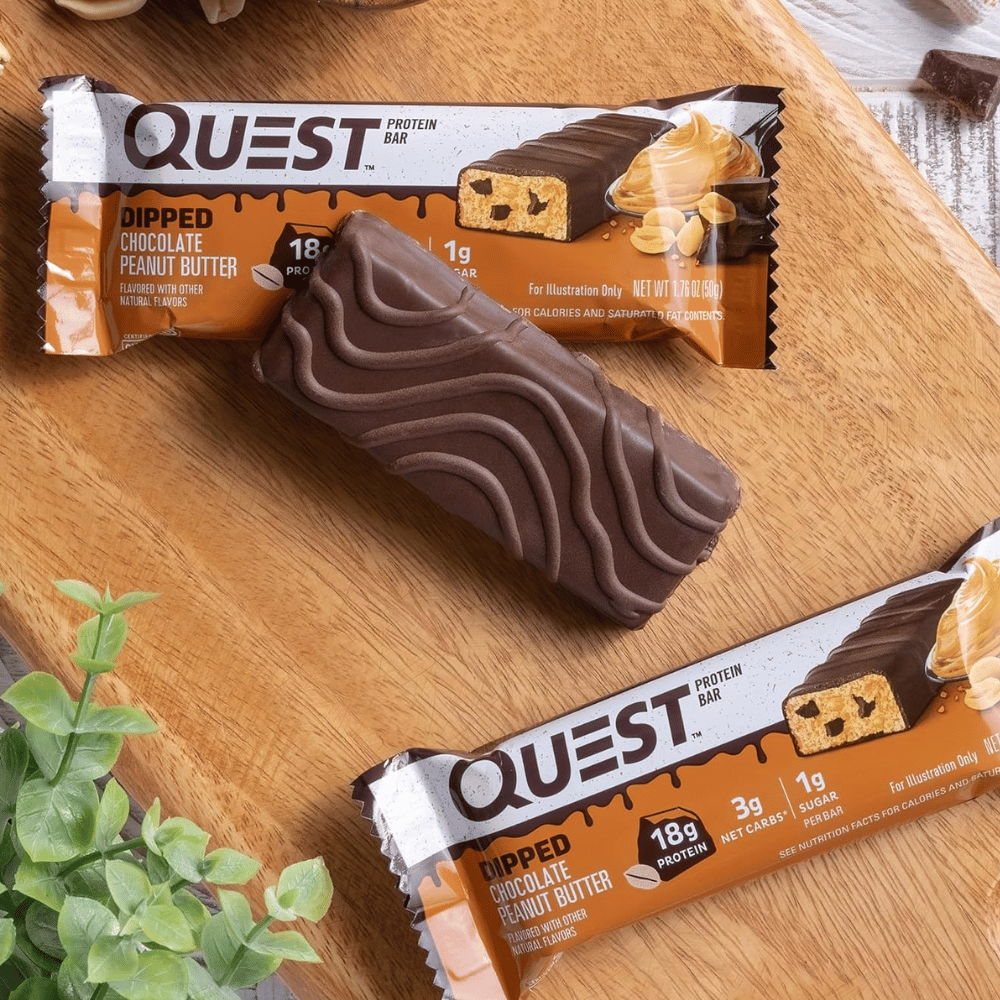 Quest Dipped Peanut Butter Protein Bars - laid out on table, open packet