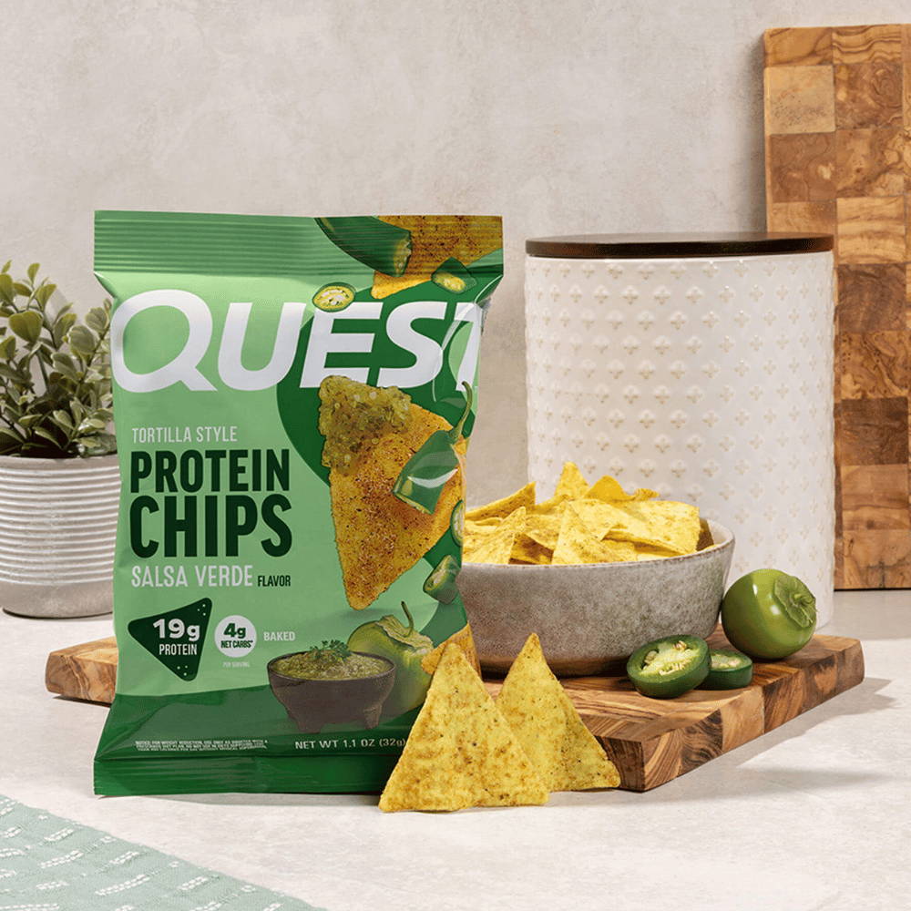 Bowl of Salsa Verde Quest Protein Tortilla Chips