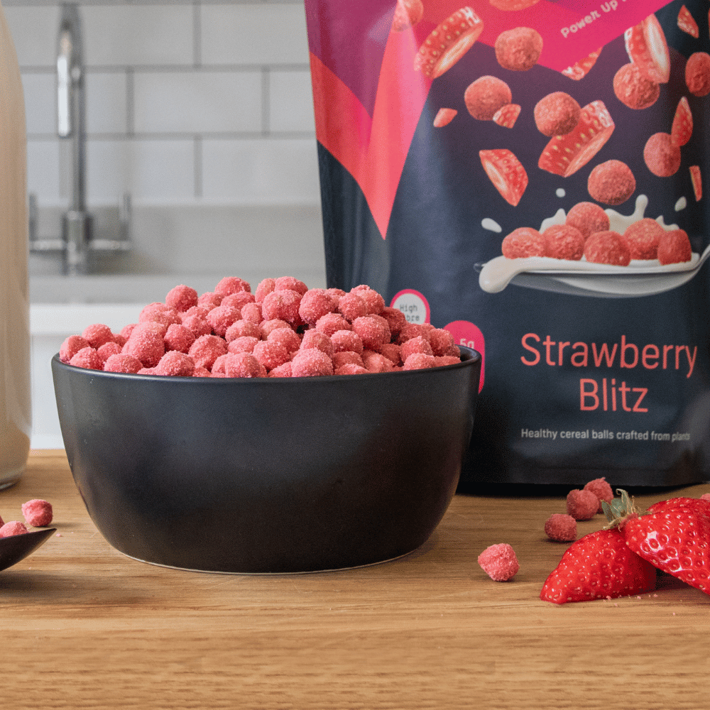 A bowl of Eleat's Protein Strawberry Cereal