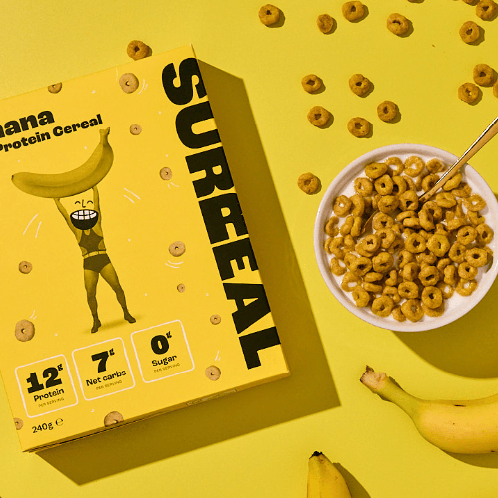 A bowl of Surreal's Banana Protein Cereal