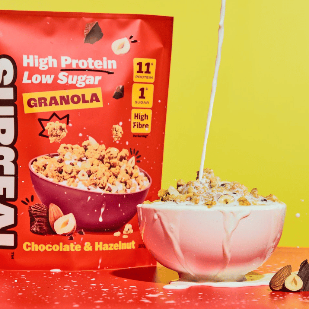 Surreal Protein Granola Chocolate Hazelnut with milk in bowl
