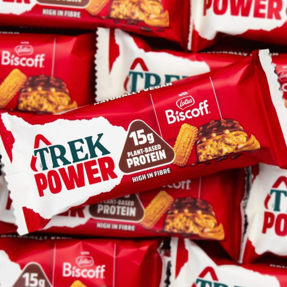 TREK x Biscoff Flavoured Protein Bars on table