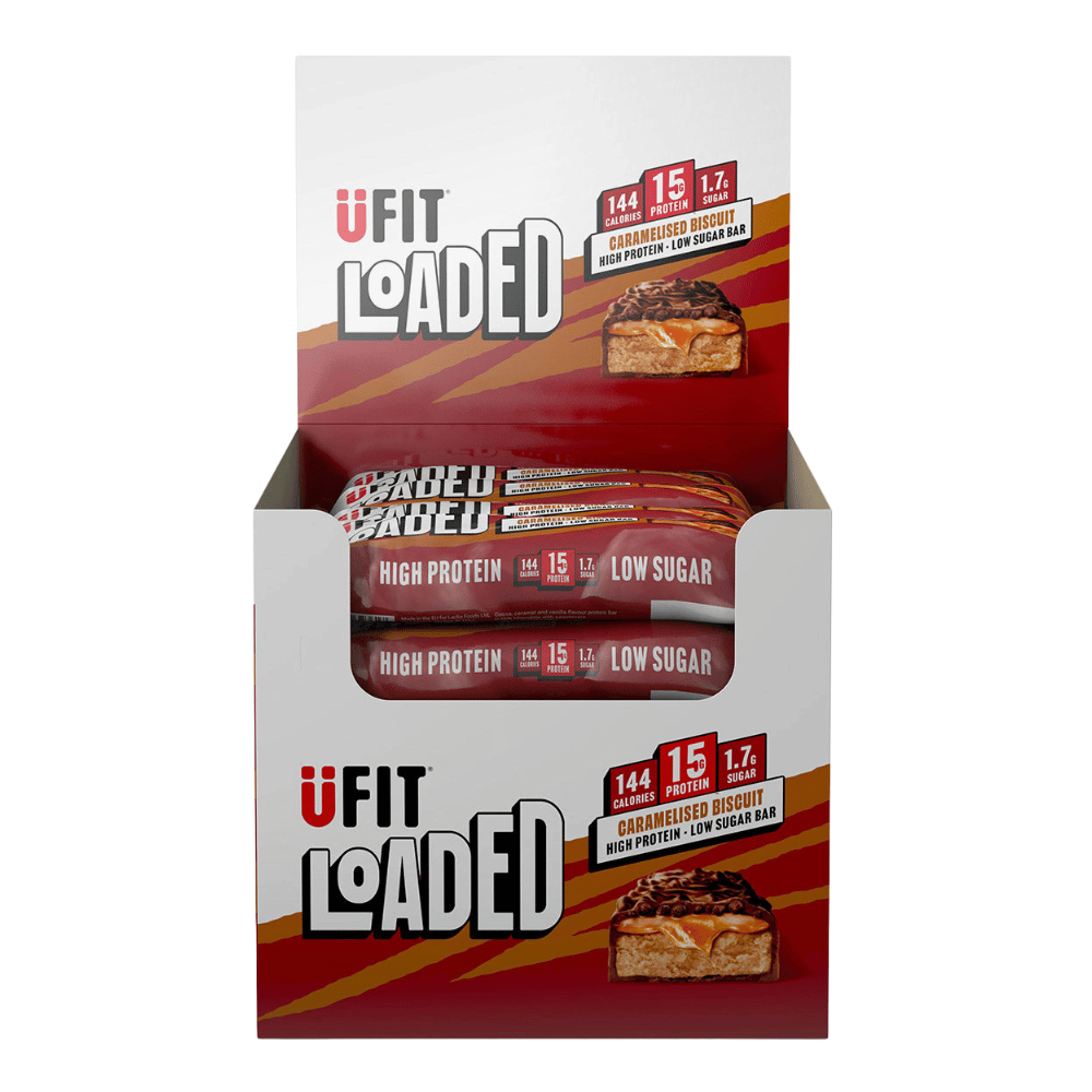 UFIT Protein Bars - Caramelised Biscuit - 16x45g Boxes of Loaded Protein Bars