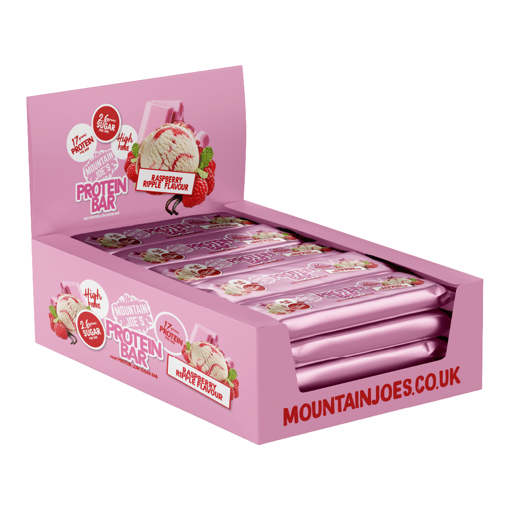 Boxes of Mountain Joe's Raspberry Ripple High Fibre Bars