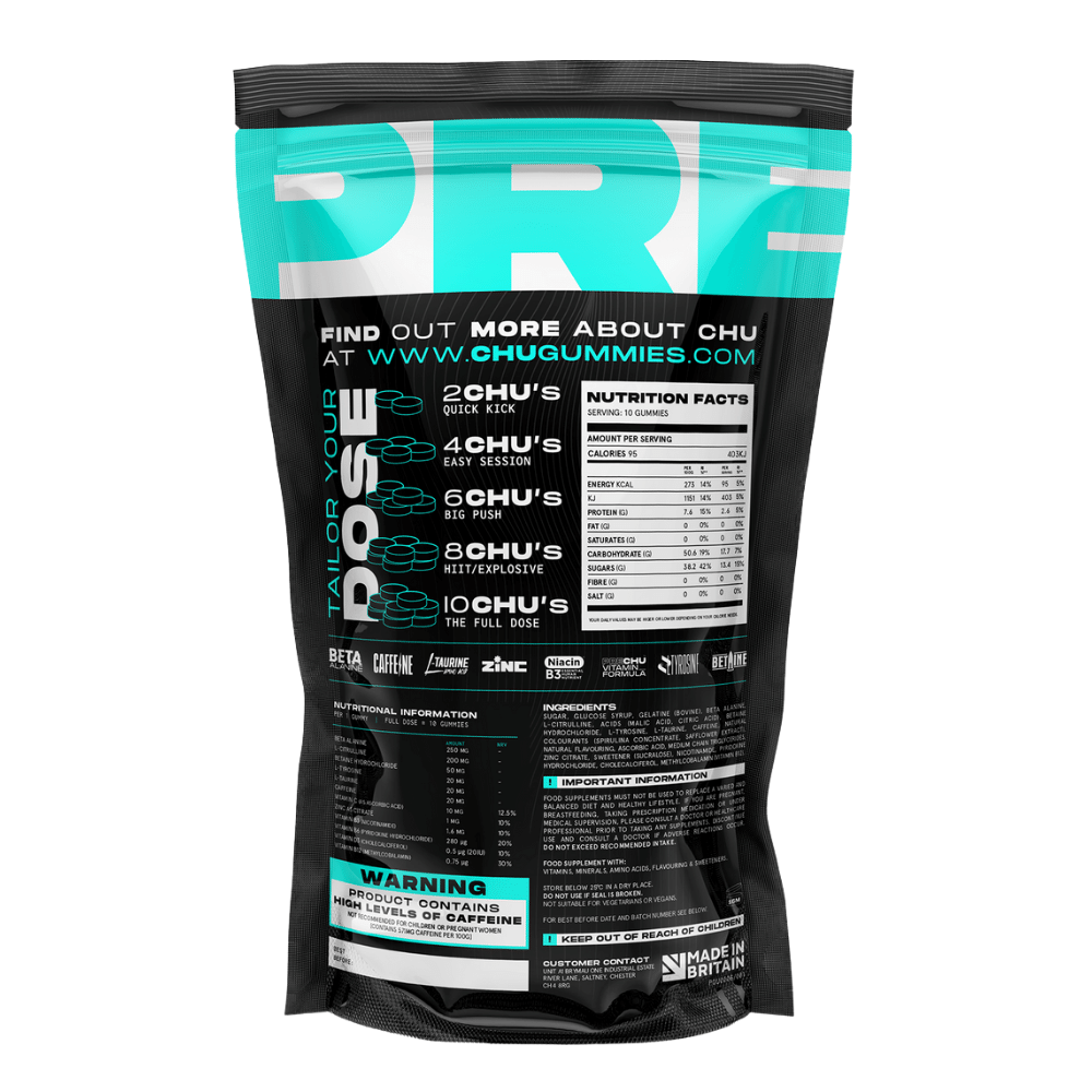 Nutritional Data and Ingredients in CHU Gummies Blue Raspberry PRECHU Chewable Pre-Workout - 630g Packs