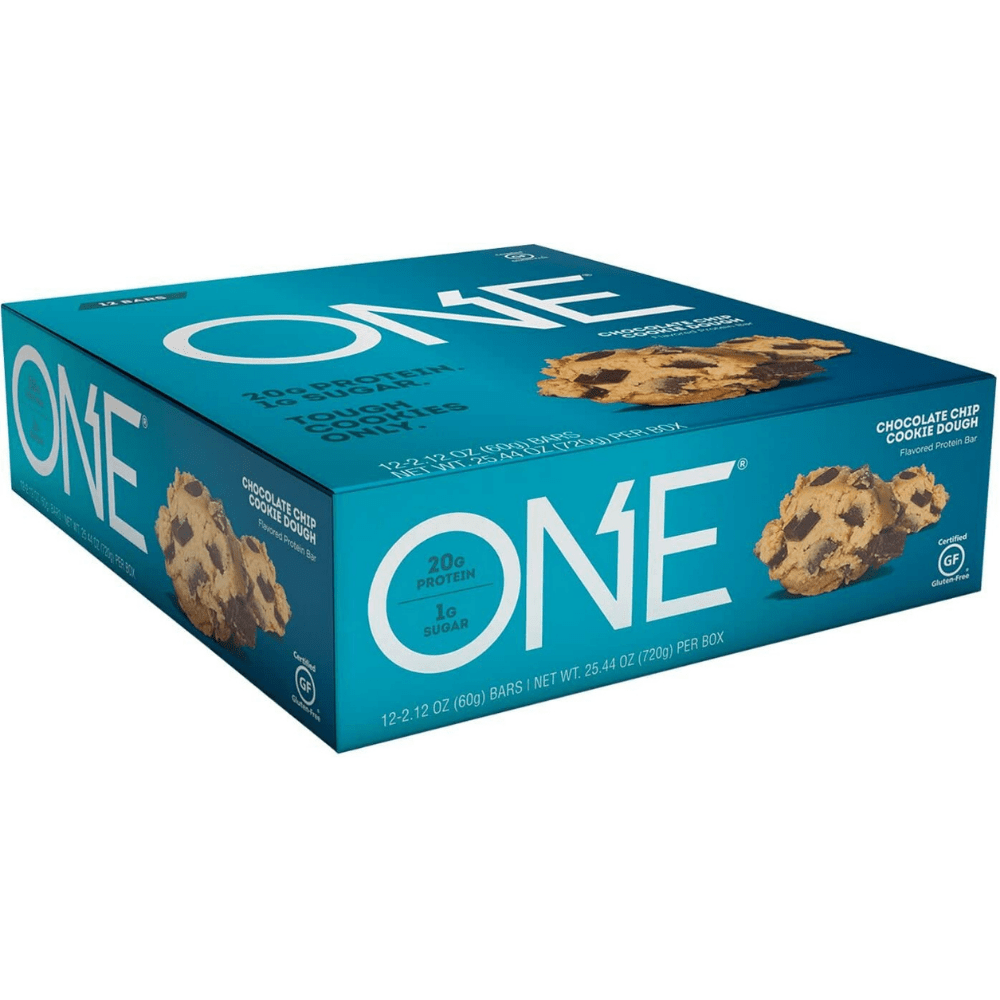 Blue boxes of Chocolate Chip Cookie Dough ONE Bars - Best High Protein Cookie Dough Bars 